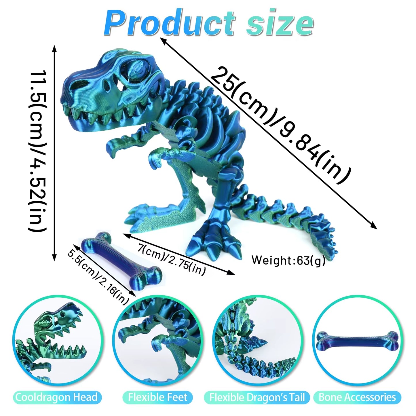 3D Printed Fidget Toy Rotatable Skeleton TREX  Dinosaur Model